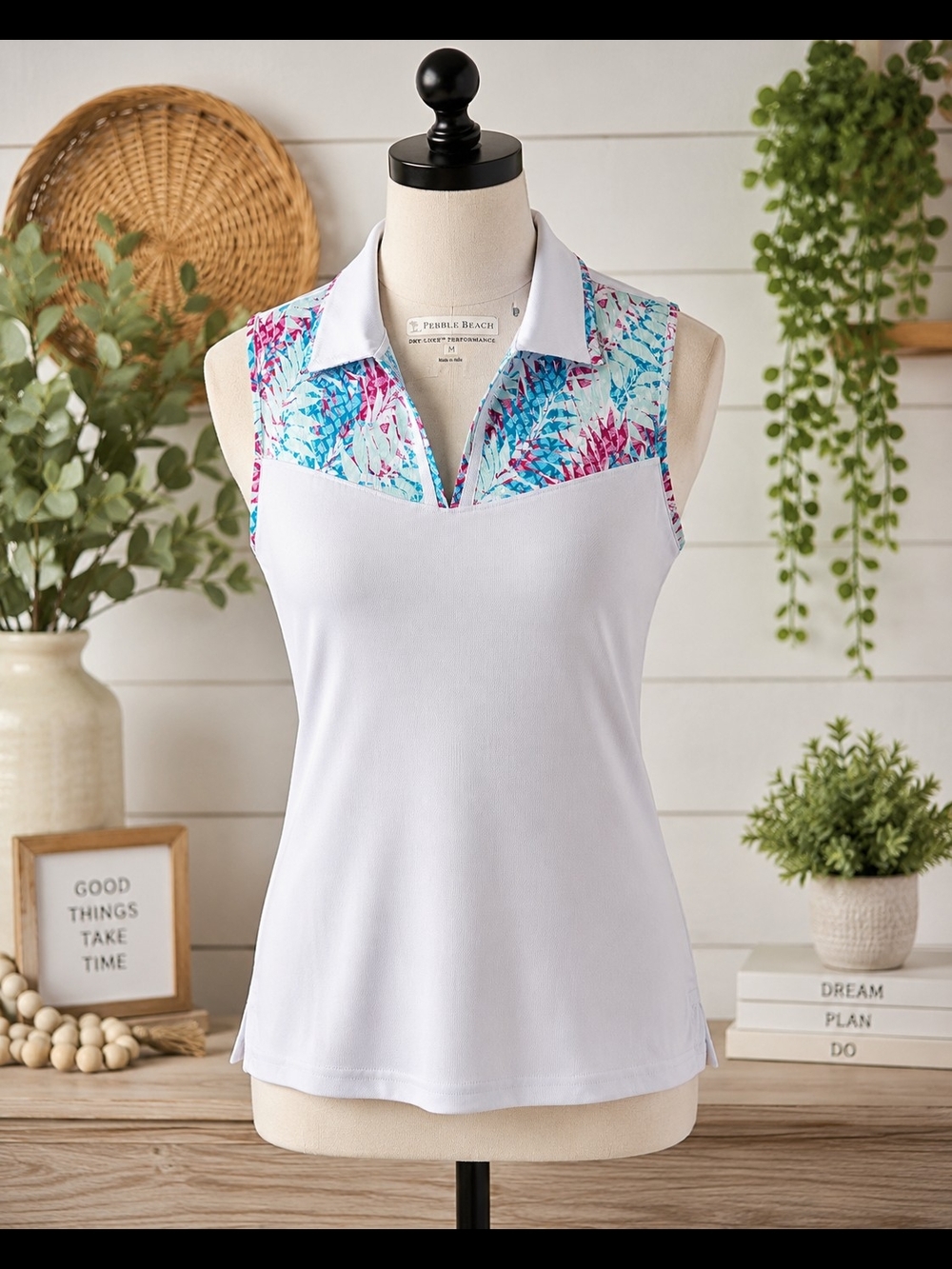 Pebble Beach Dry-Luxe Sleeveless Golf Polo Tropical Print Medium